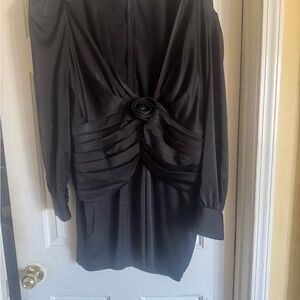 PrettyLittleThing Black Satin Long Sleeve Dress with Rosette Detail